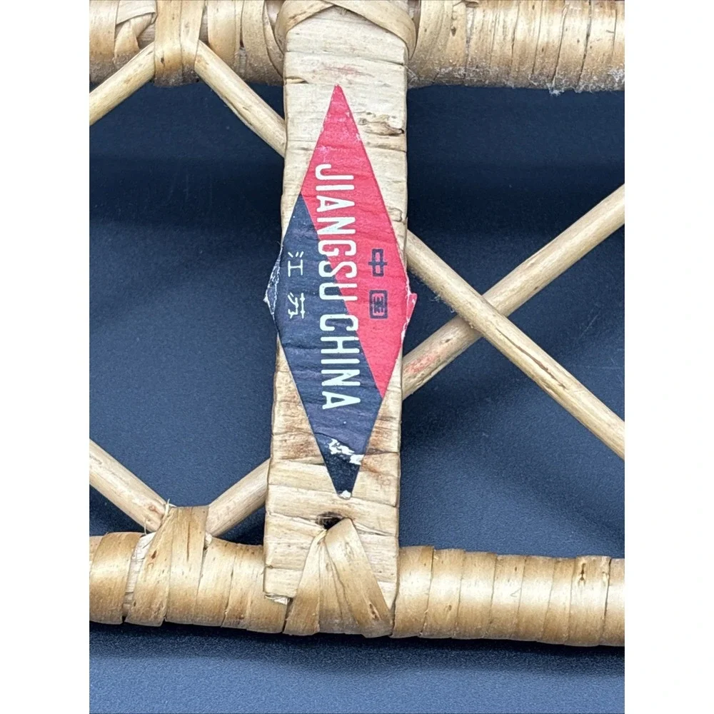 VTG 70s Rattan Wicker Wall Coat Rack 4 Hooks Diamond Lattice Jiangsu China Boho